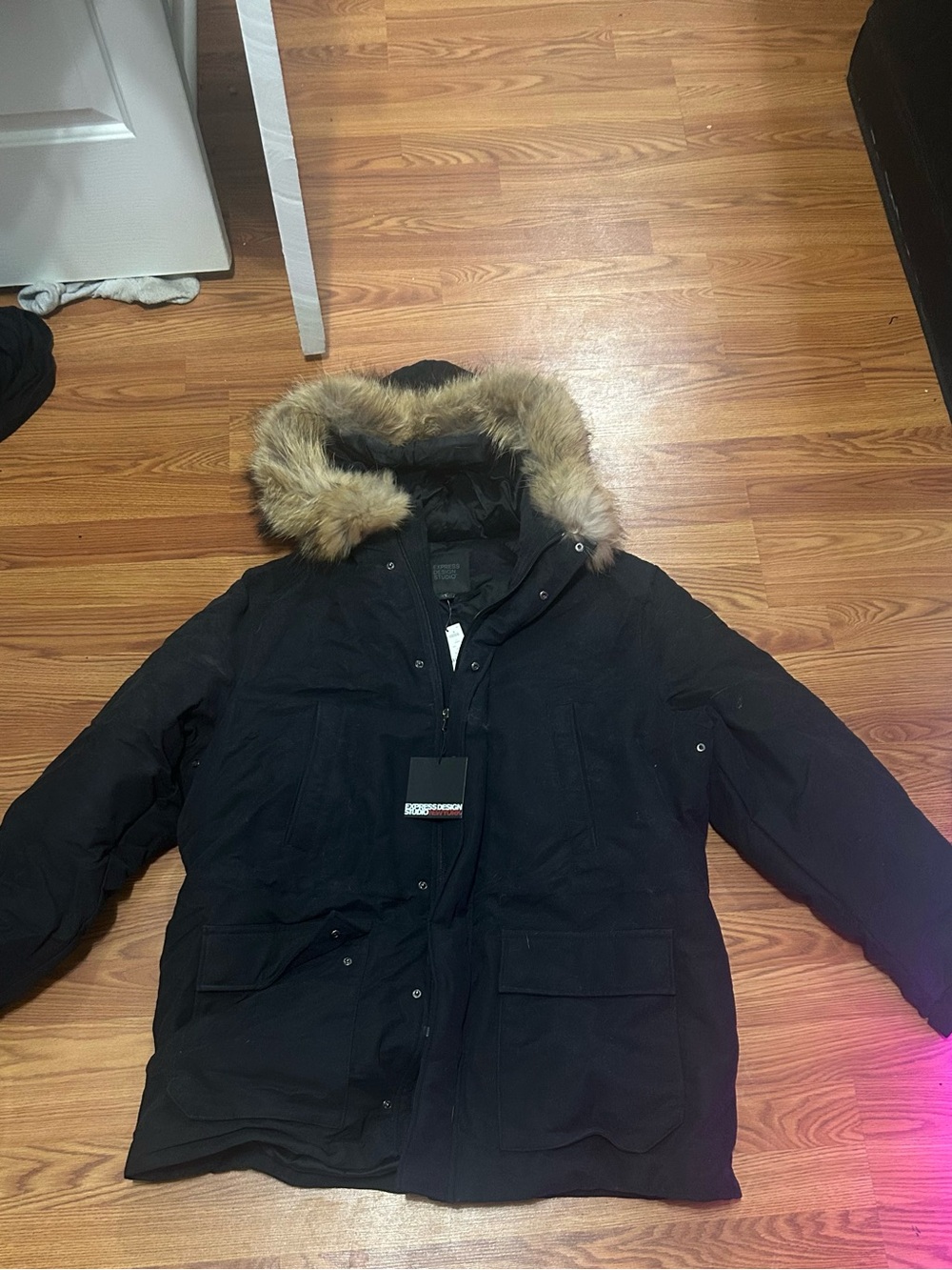 Express Men's Black Puffer Parka with Faux Fur Trim